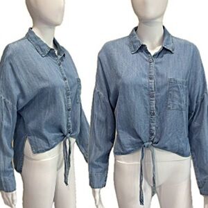 En Creme 100% Tencel Denim Chambray Cropped Button Down Shirt Womens Size Small
